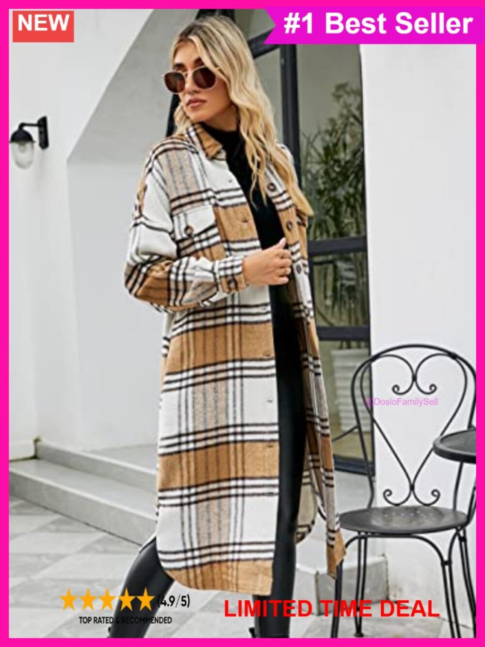 Women's Plaid Wool Blend Shacket Coat Button Up Flap Pockets Long Relaxed Fit - Picture 4 of 6